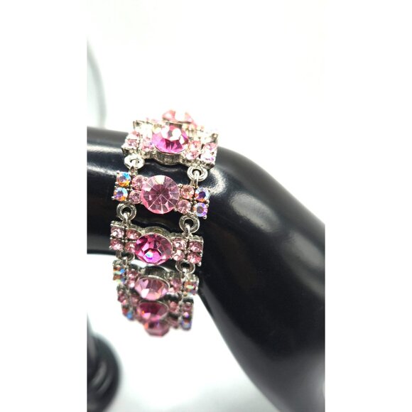 Vintage Pink Rhinestone Bracelet w/ Aurora Borealis Accents Silver Tone Link - Picture 2 of 4